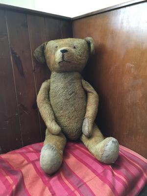 big teddy bear sitting in corner