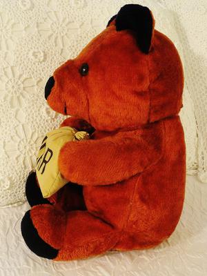 side view of red teddy bear