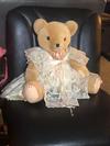 Vintage Tan Teddy Bear With Tan Ruffled Dress